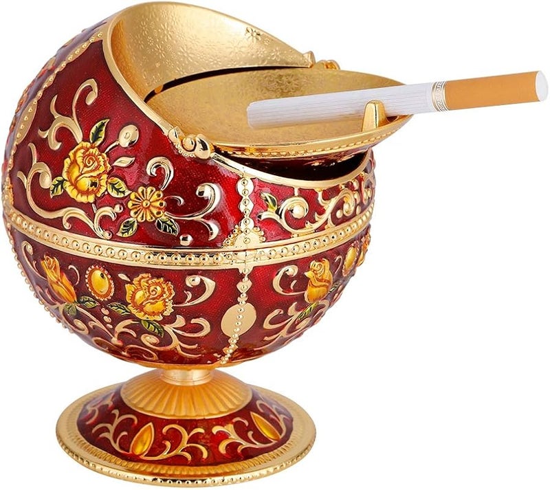 Vintage Windproof Metal Ashtray with Lid Portable Ball Design 3 9 Inch Diameter Red Rose - Image 1